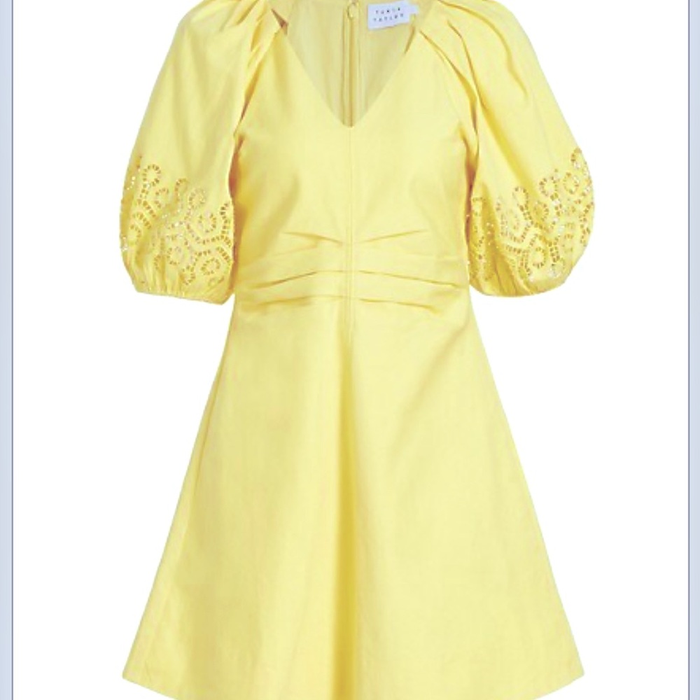 NWT Tanya Taylor Lacey Puff-Sleeve Cotton Twill Minidress, Daffodil, 12